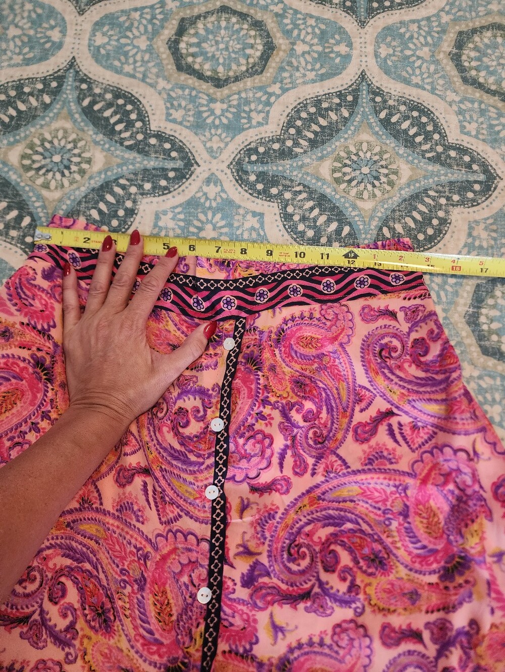 Vibrant Pink Paisley Boho Tiered Maxi Skirt Front Button Slit Smocked Waistband - Picture 9 of 13